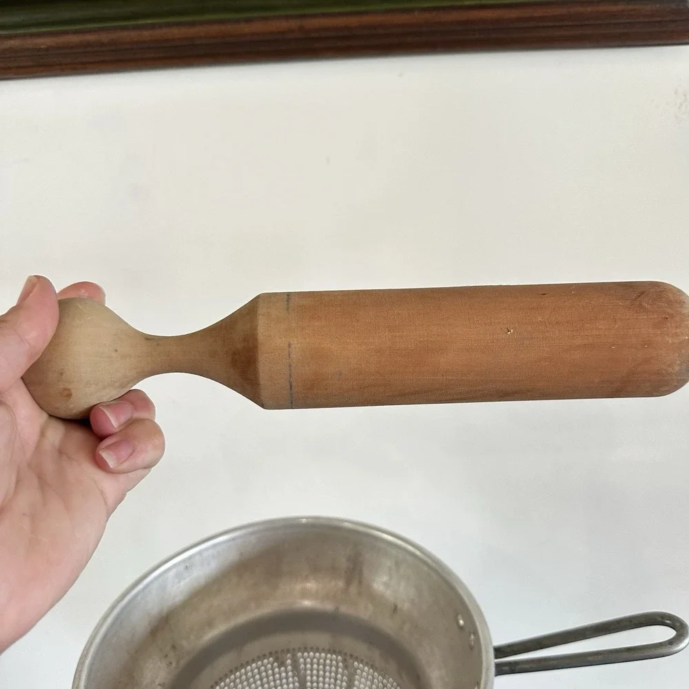 Vintage Aluminum Wear-Ever Sieve Cone Strainer Wood Pestle w/ Stand Canning